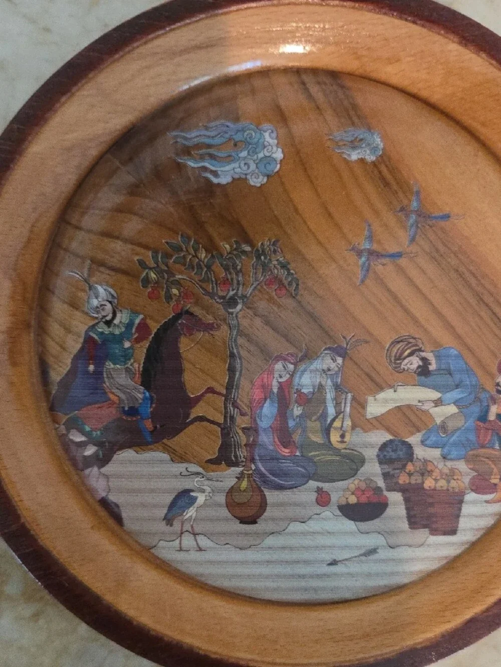 Hand-Painted Persian Wooden Wall Plate in Brown with Folk Scene
